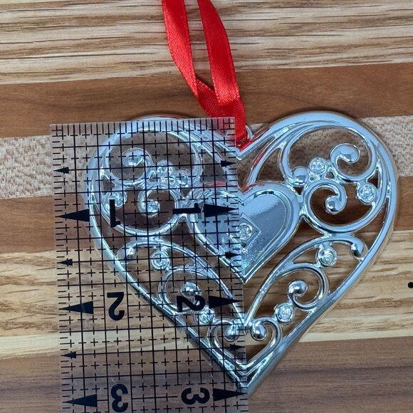 Lenox Sparkle & Scroll Heart-Crystal Ornament Silver-Tone Red Ribbon Christmas - Picture 5 of 5